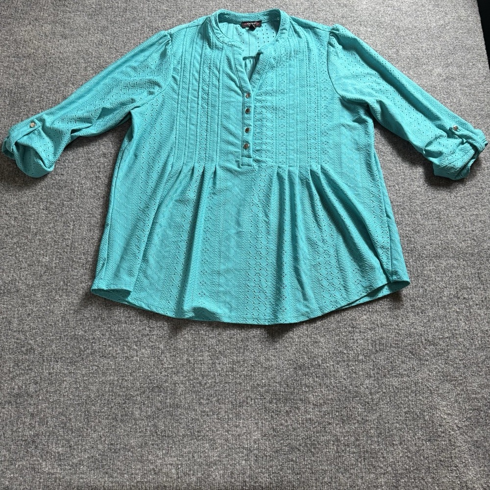 Women's Turquoise Eyelet Lace Henley Blouse‎ Roll Tab Sleeve Pintuck Tunic Top
